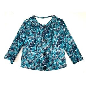 Vintage 60s Cropped Satin Jacket Psychedelic Pattern Sailor Collar 3/4 Sleeve M